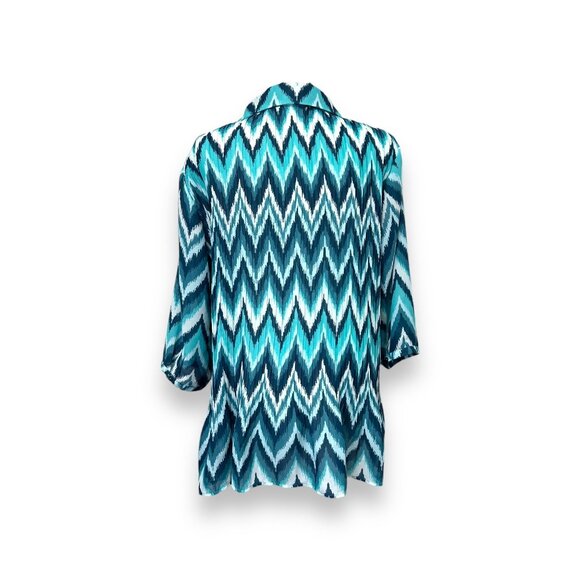 Only Necessities Womens L gauzy Pleated Oversized Blue Zigzag Pattern Shirt - Picture 3 of 9